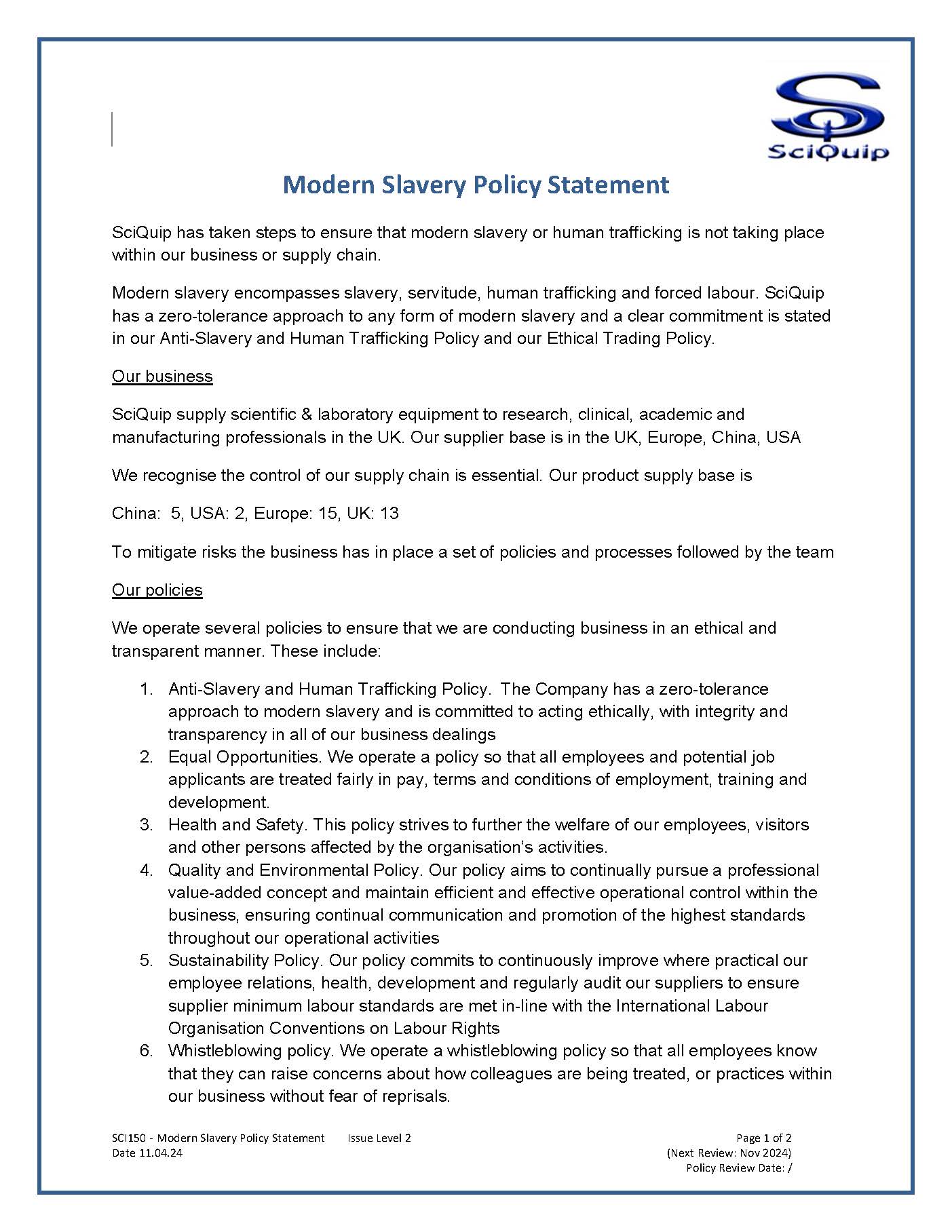 Modern Slavery Policy Statement