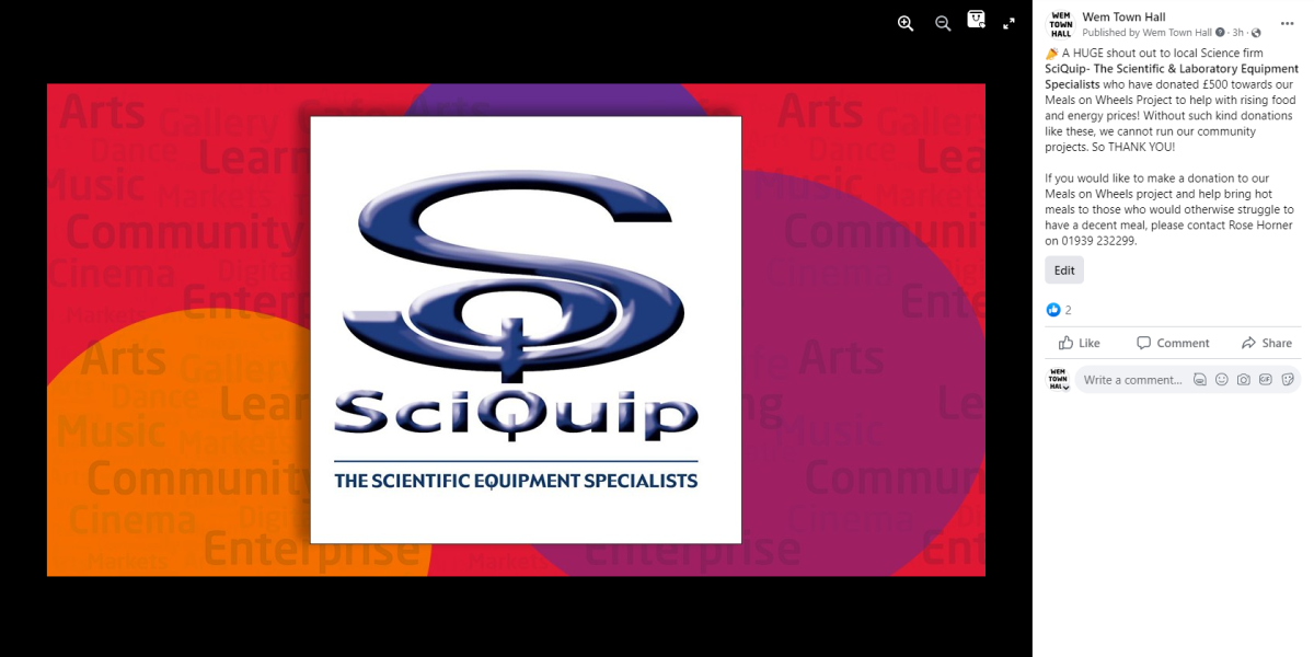 SciQuip Donates £500 to Meals on Wheels Scheme in Wem
